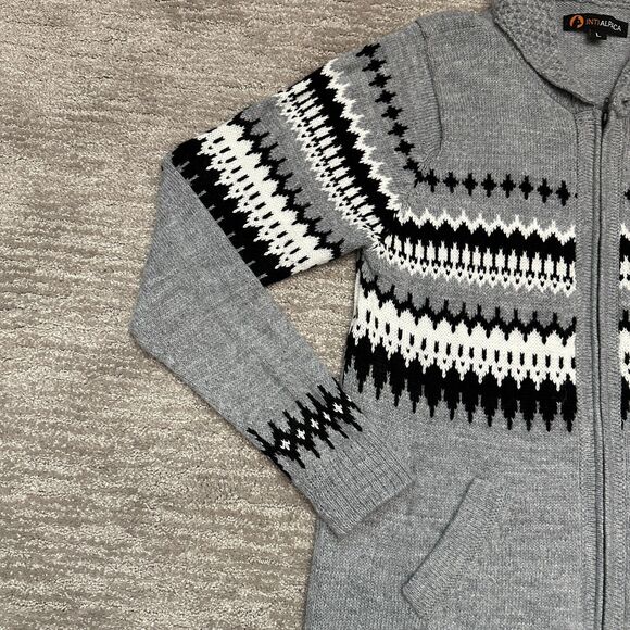 Inti Alpaca Sweater Women Large Gray Fair Isle Cardigan Pockets Alpaca Wool Peru - Picture 3 of 12
